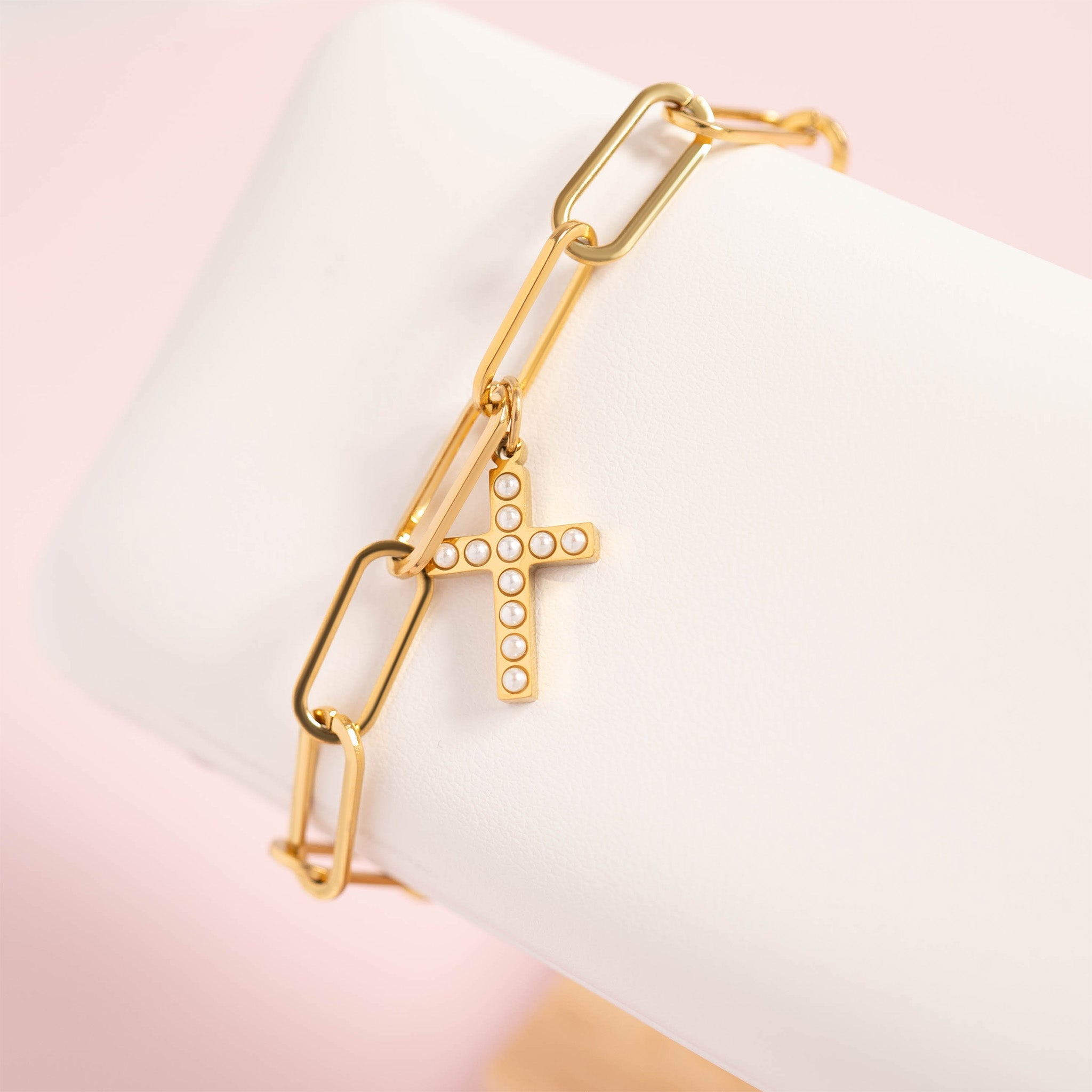 Gold Pearl Cross Charm – 18K Gold PVD Stainless Steel Hypoallergenic Jewelry