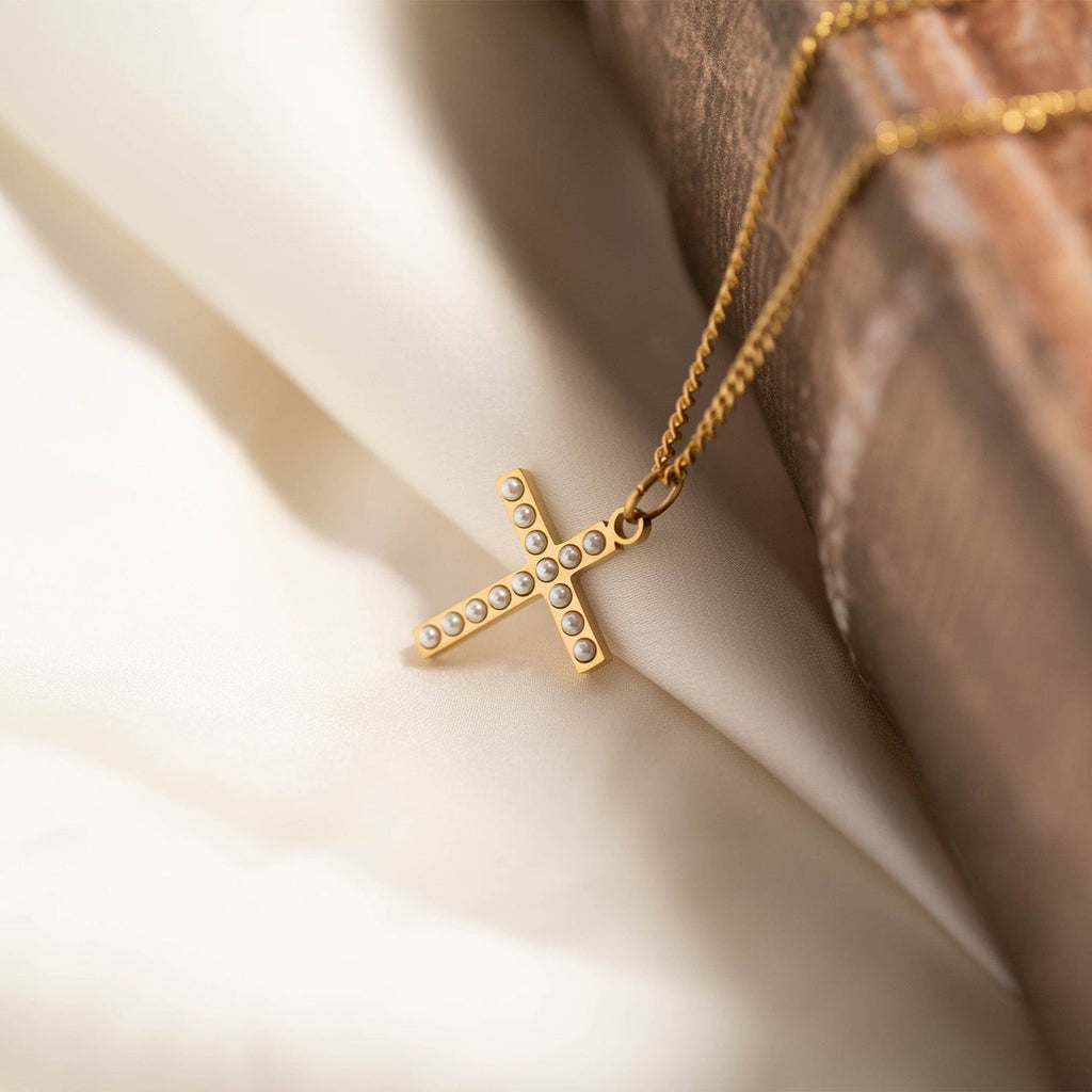 Gold Pearl Cross Charm – 18K Gold PVD Stainless Steel Hypoallergenic Jewelry