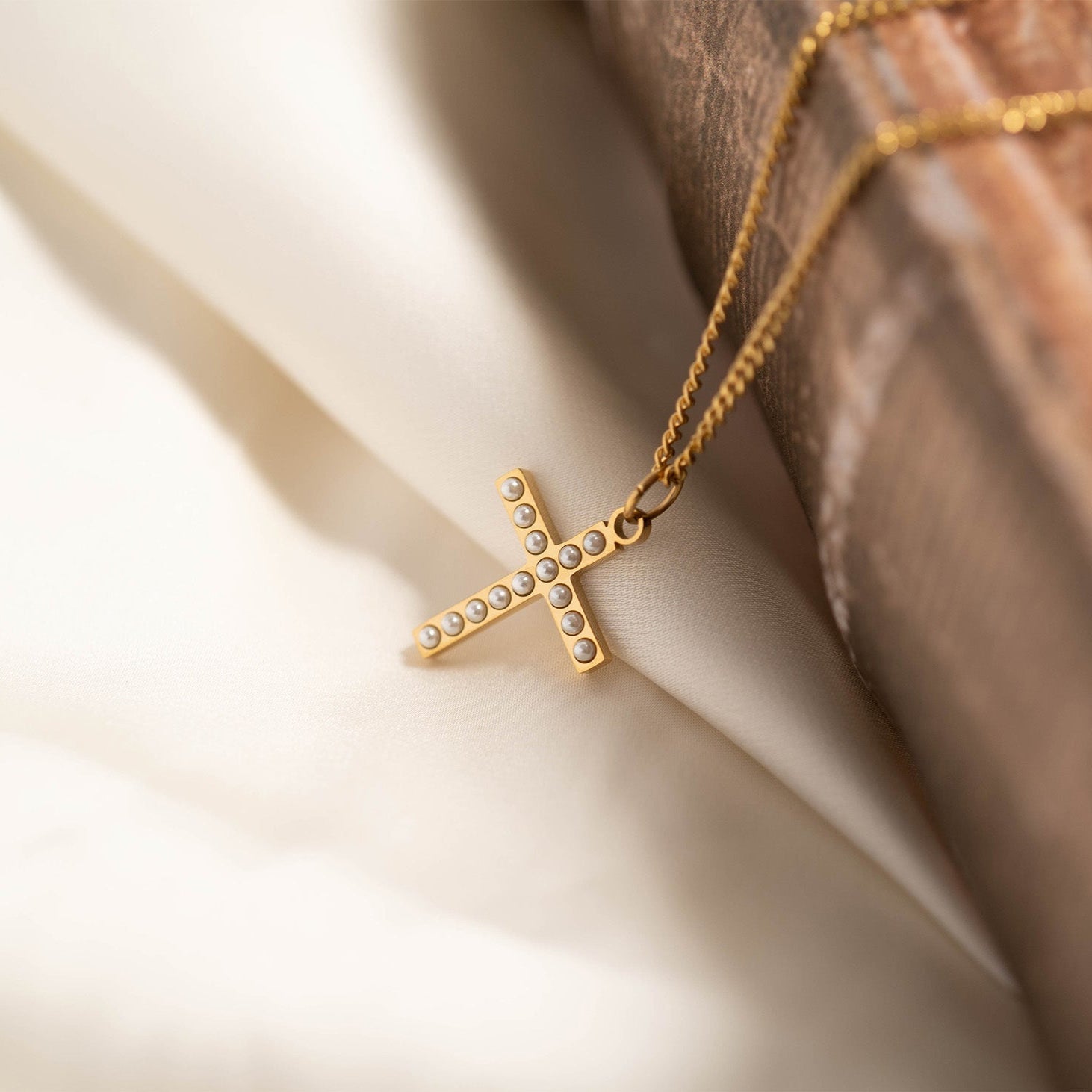 Gold Pearl Cross Charm – 18K Gold PVD Stainless Steel Hypoallergenic Jewelry
