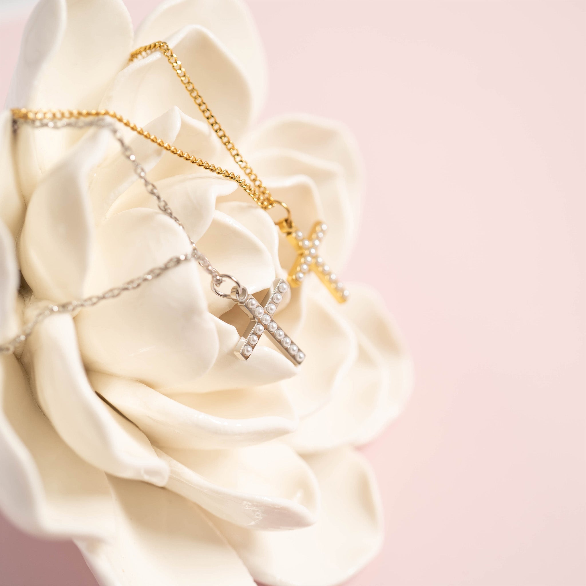 Gold Pearl Cross Charm – 18K Gold PVD Stainless Steel Hypoallergenic Jewelry