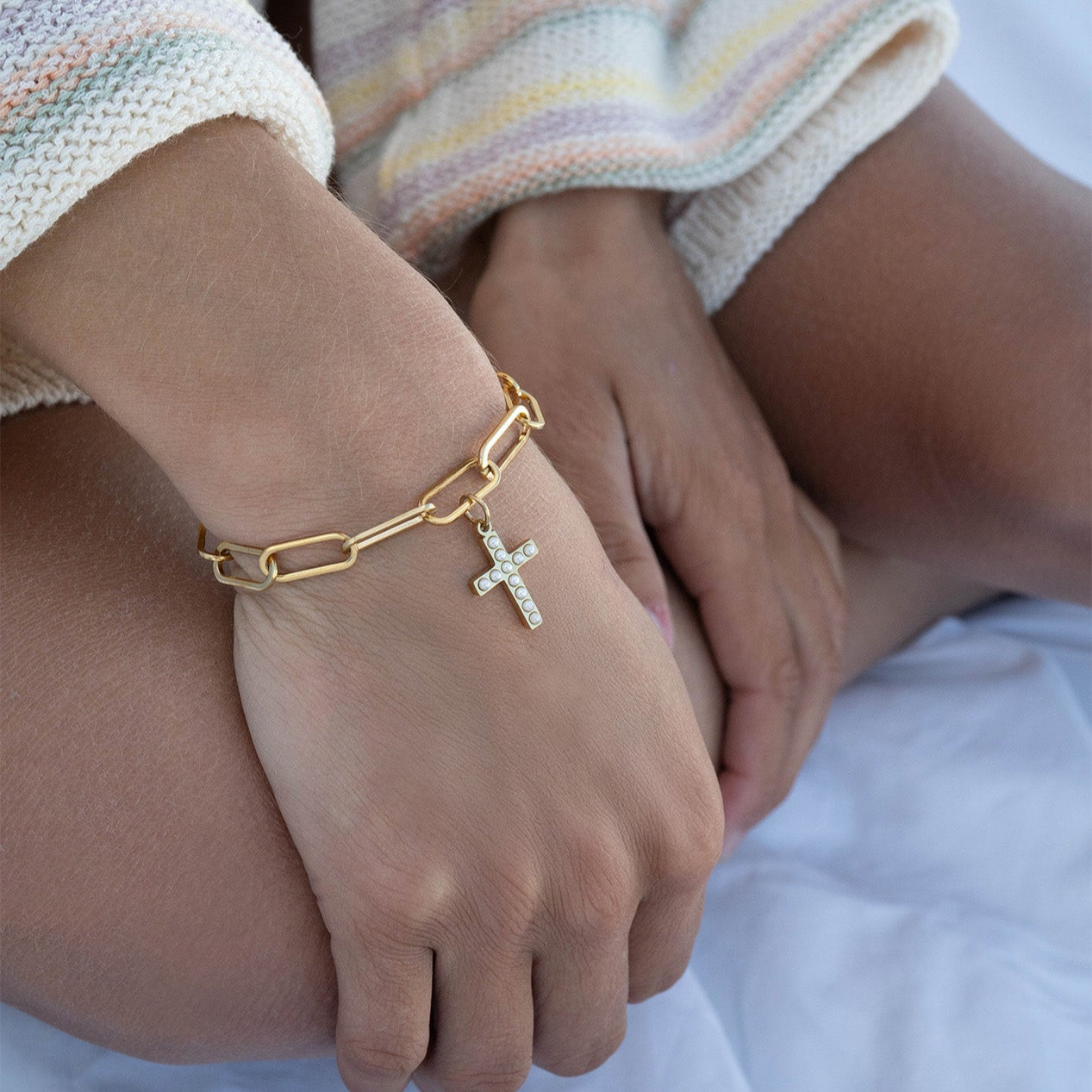 Gold Pearl Cross Charm – 18K Gold PVD Stainless Steel Hypoallergenic Jewelry