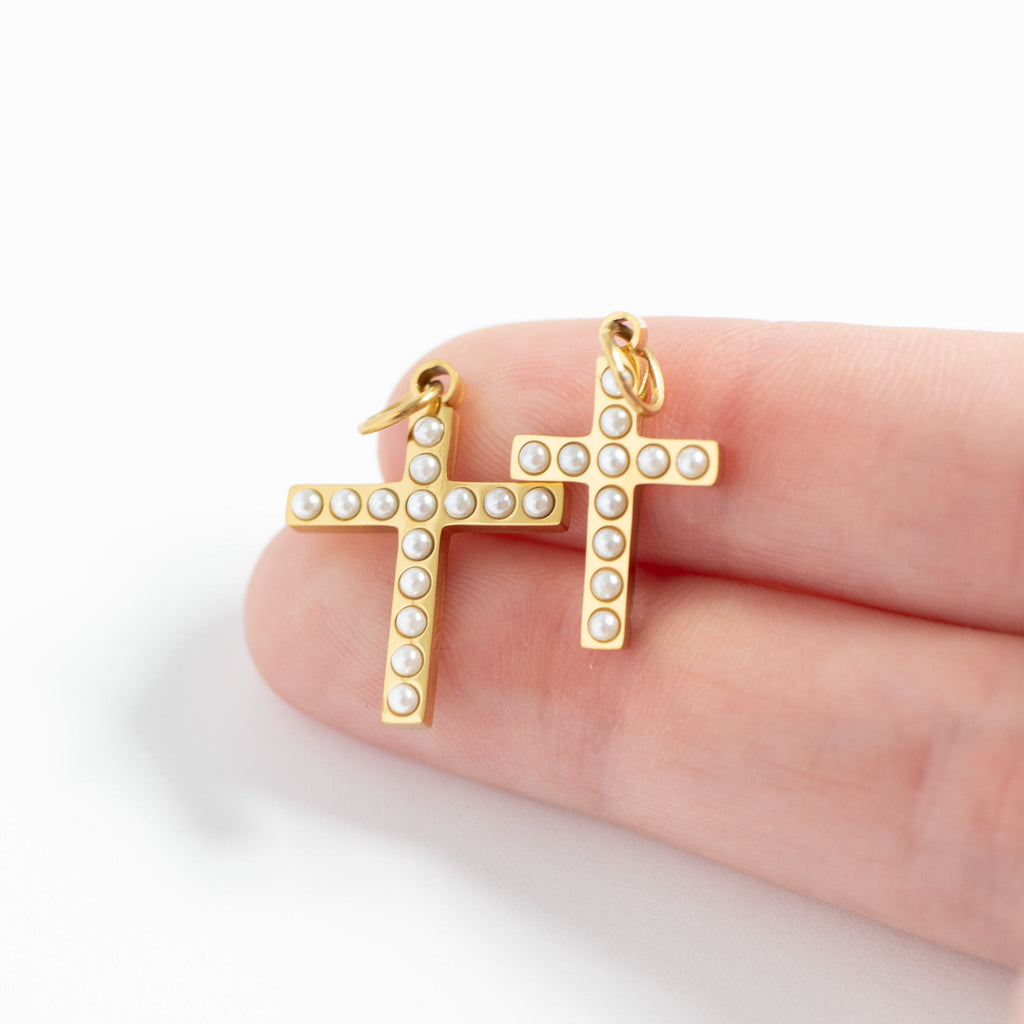 Gold Pearl Cross Charm – 18K Gold PVD Stainless Steel Hypoallergenic Jewelry