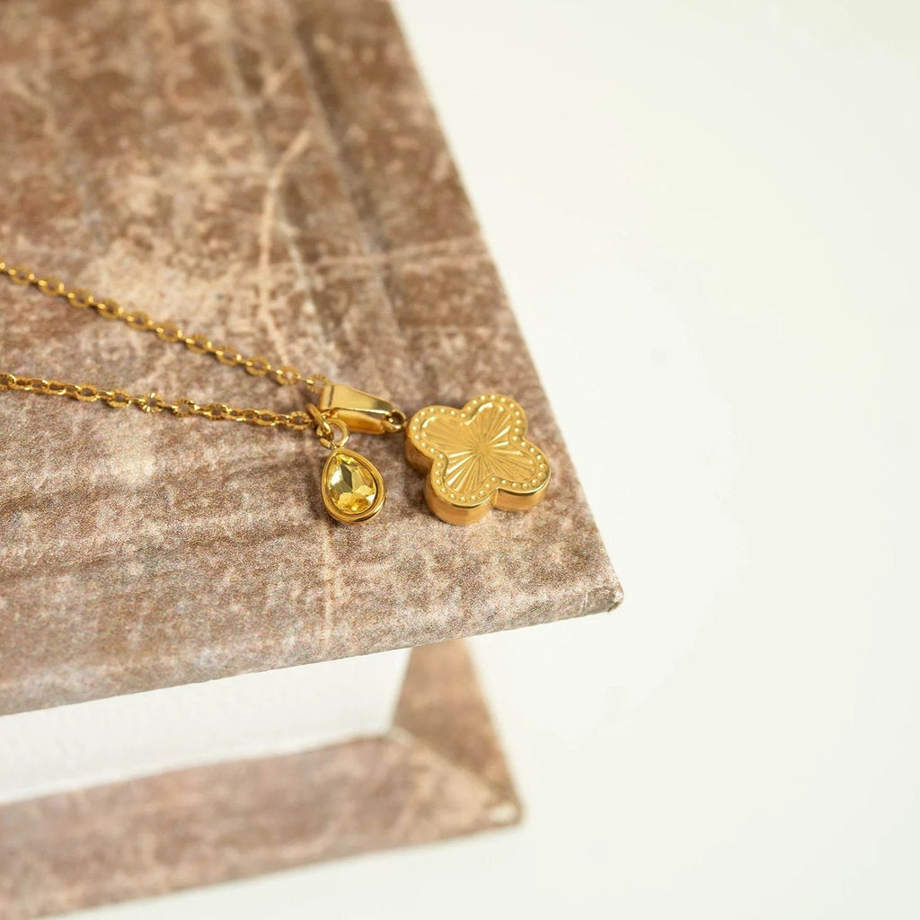 Lucky Clover Charm - 18K Gold PVD Stainless Steel Sunburst Pendant Gift