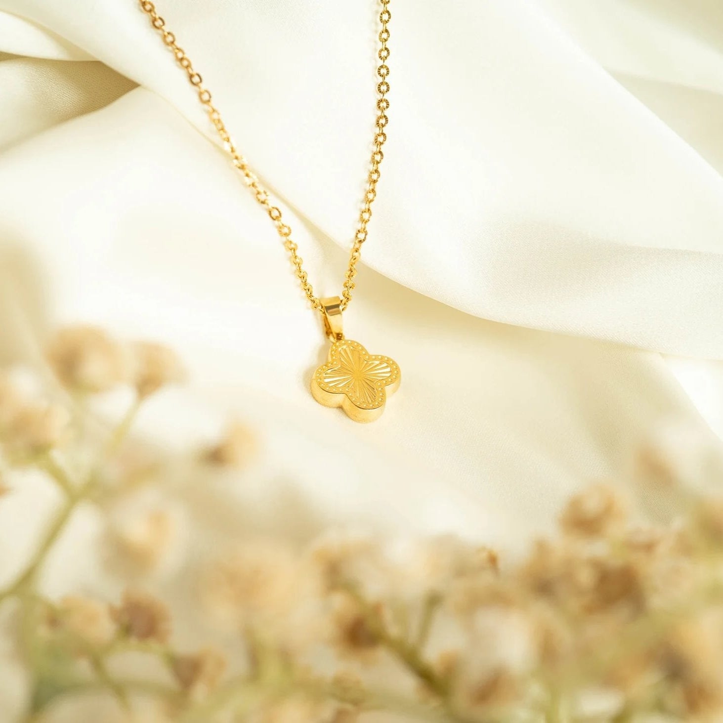 Lucky Clover Charm - 18K Gold PVD Stainless Steel Sunburst Pendant Gift