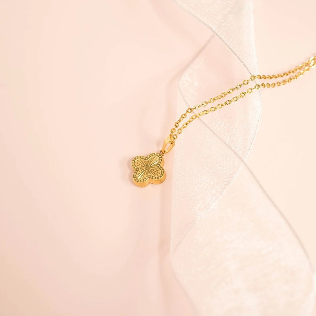 Lucky Clover Charm - 18K Gold PVD Stainless Steel Sunburst Pendant Gift