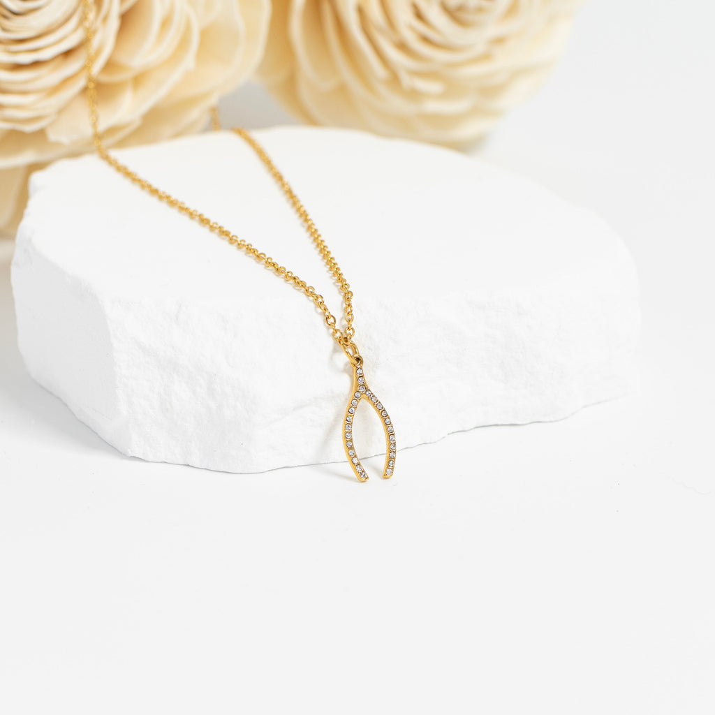 18K Gold Wishbone Charm – Stainless Steel Rhinestone Pendant for Everyday Wear