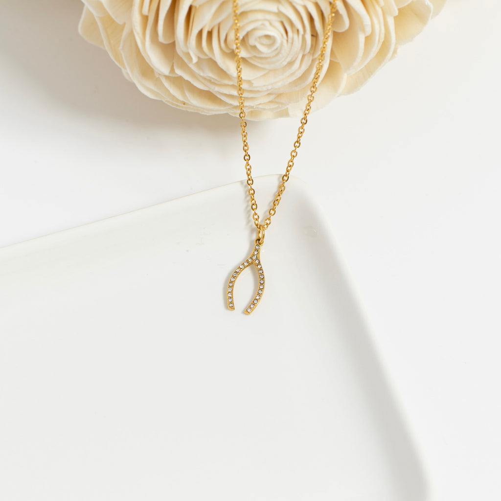 18K Gold Wishbone Charm – Stainless Steel Rhinestone Pendant for Everyday Wear