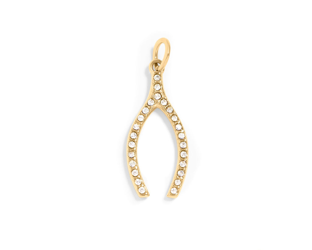 18K Gold Wishbone Charm – Stainless Steel Rhinestone Pendant for Everyday Wear