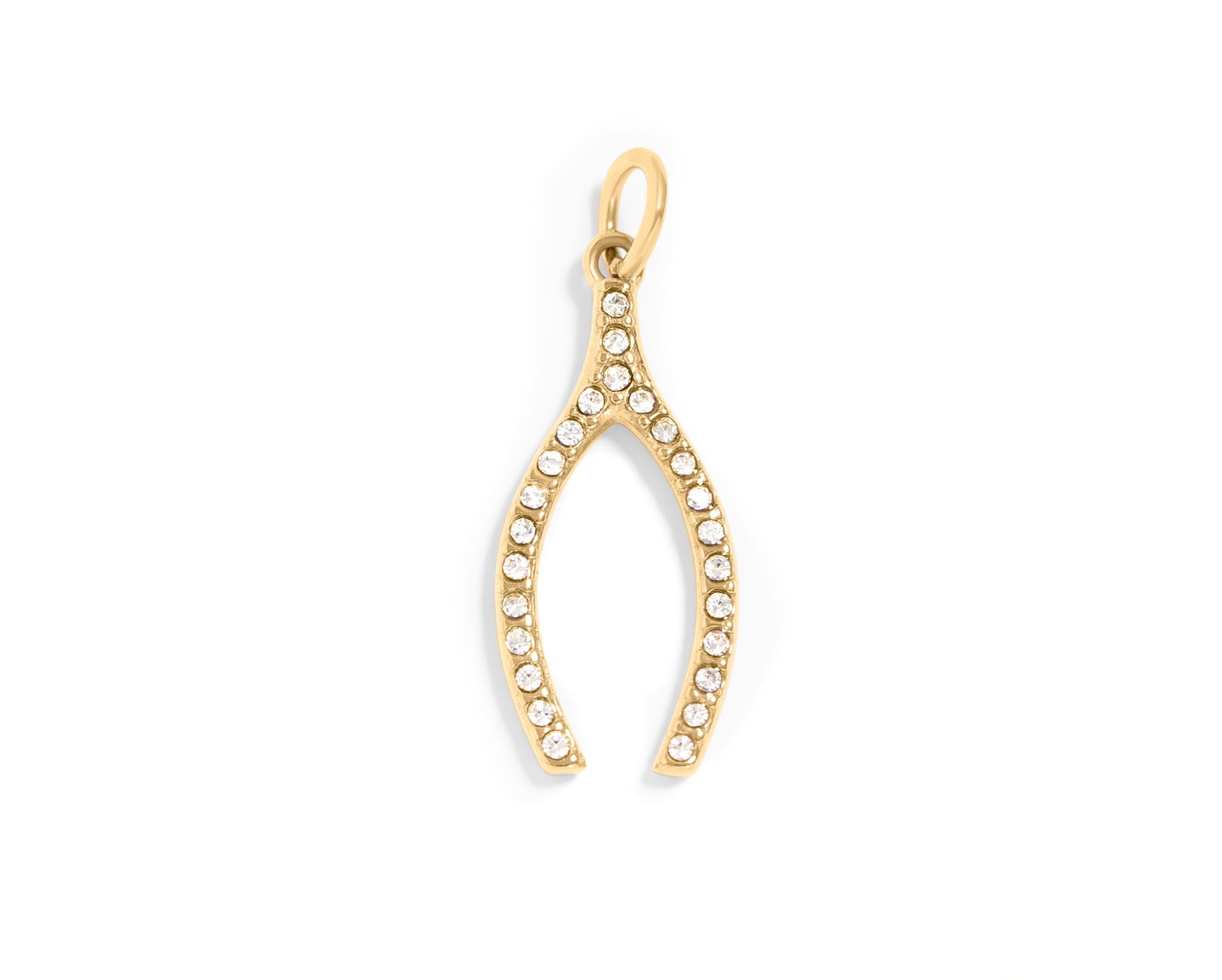18K Gold Wishbone Charm – Stainless Steel Rhinestone Pendant for Everyday Wear