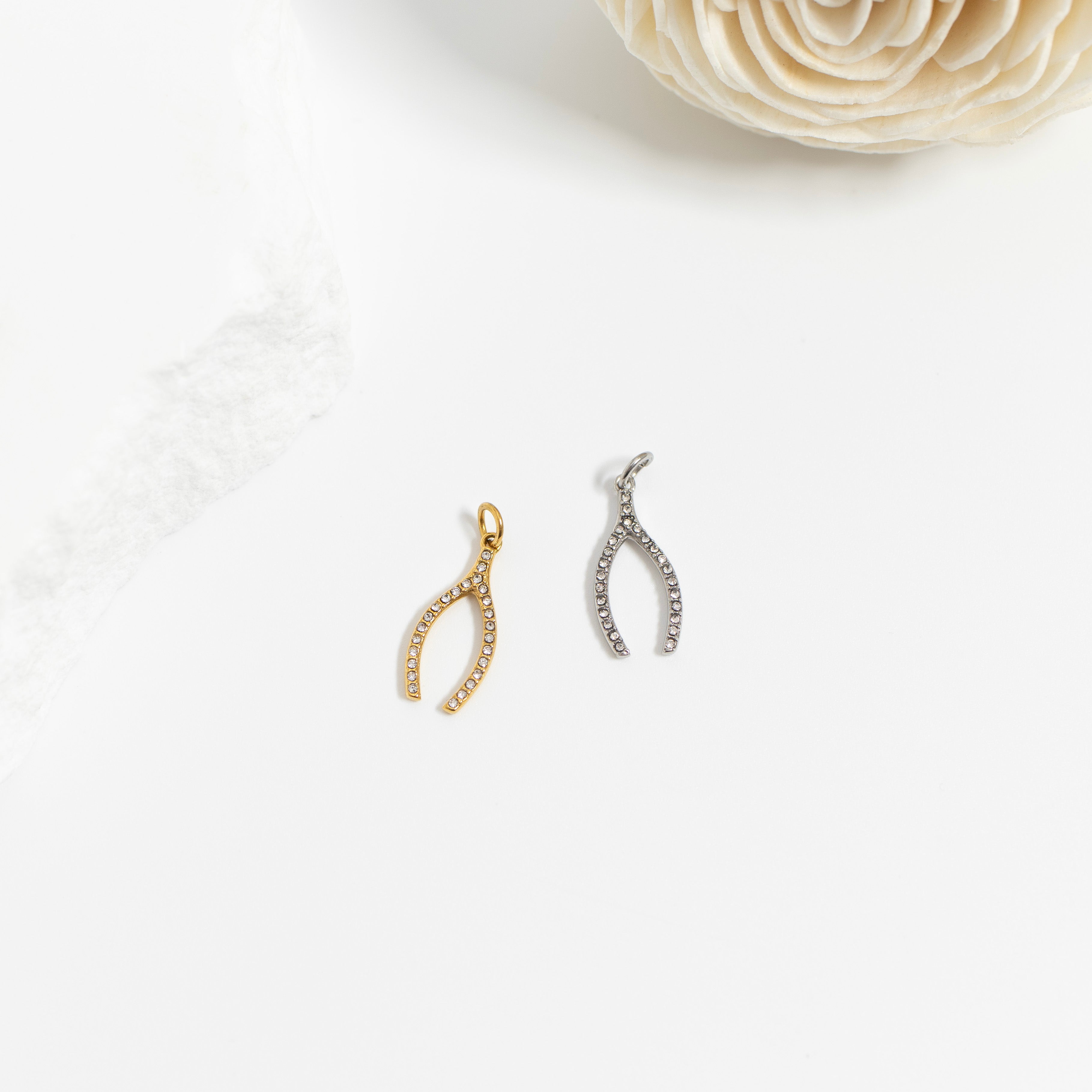 18K Gold Wishbone Charm – Stainless Steel Rhinestone Pendant for Everyday Wear