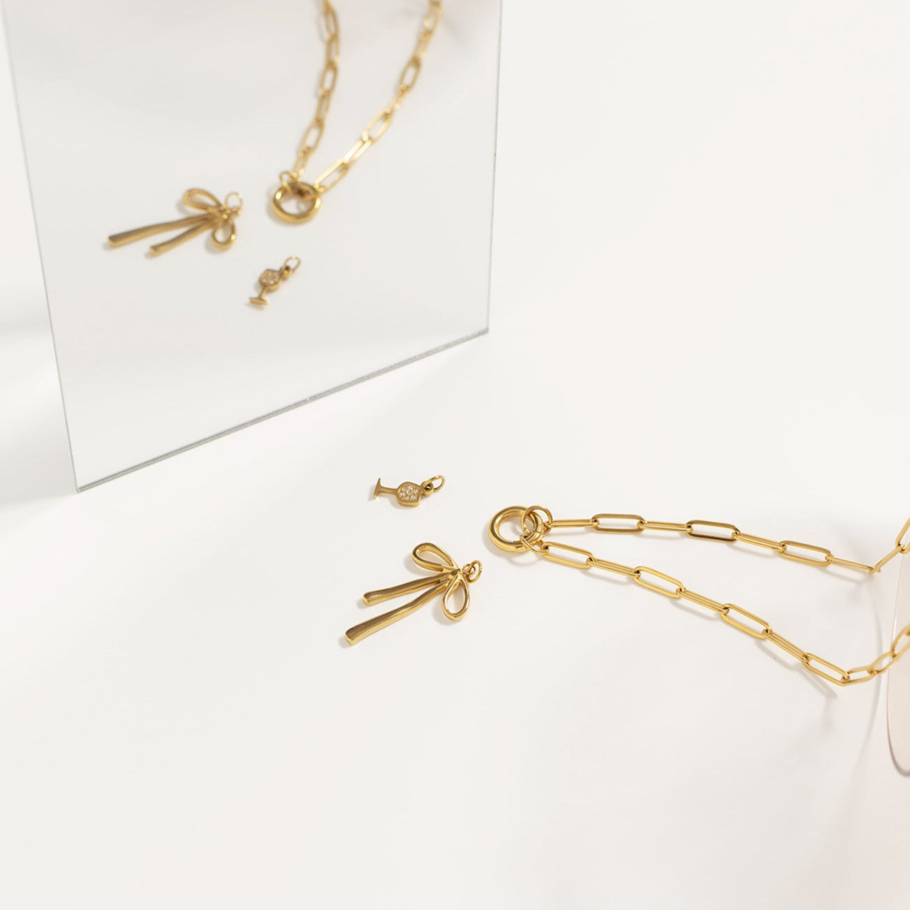 Gold Bow Charm – 18K Gold PVD Stainless Steel Long Bow Pendant | Hypoallergenic Jewelry