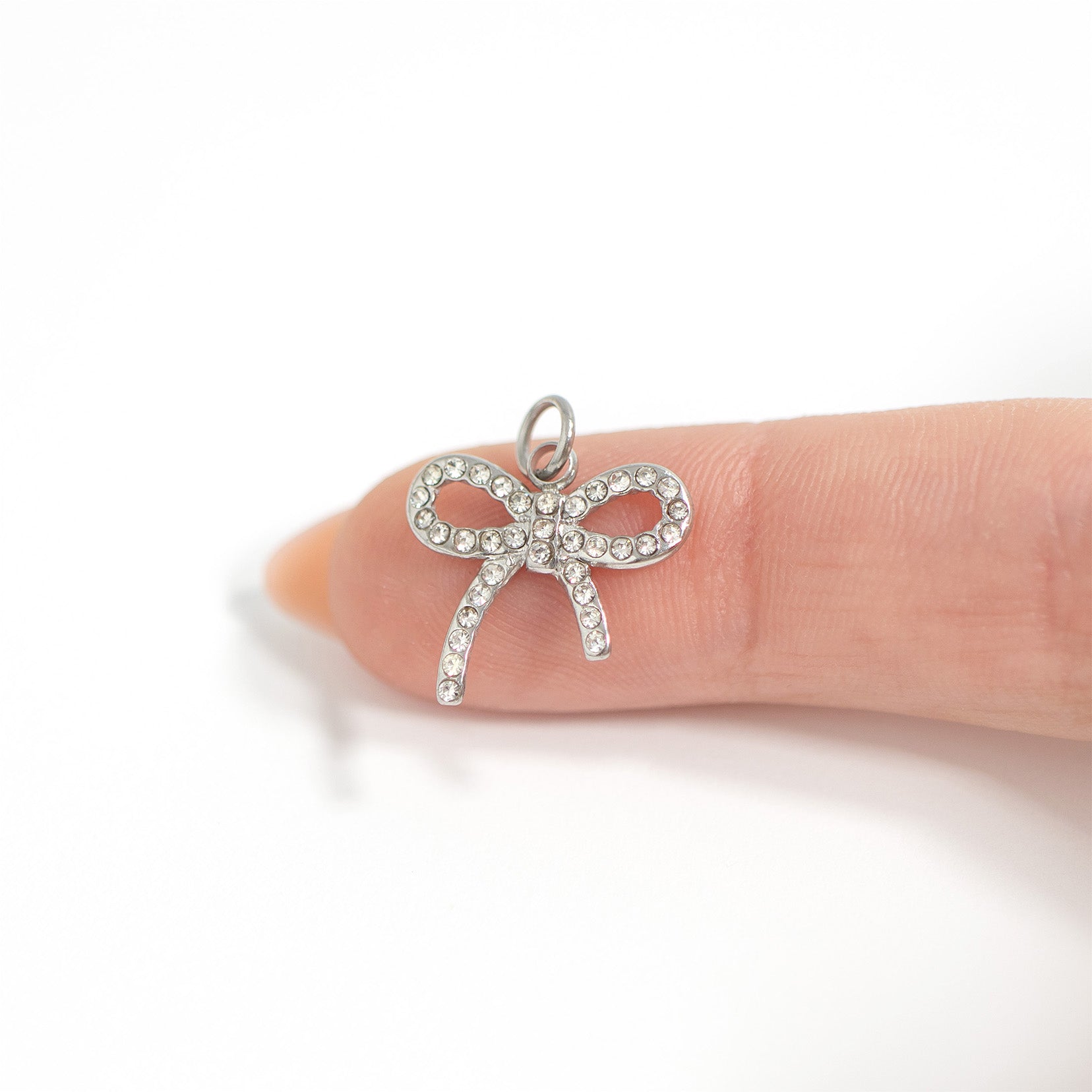 Stainless Steel Bow Charm – Sparkling Rhinestone Bracelet Pendant | Hypoallergenic Jewelry Gift