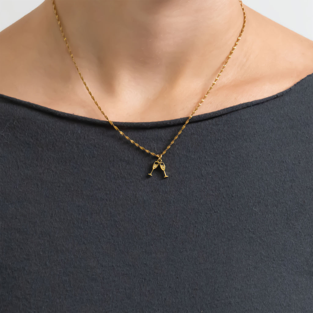 18K Gold Charm – Stainless Steel Champagne Cheers Pendant | Hypoallergenic, Scratch Resistant