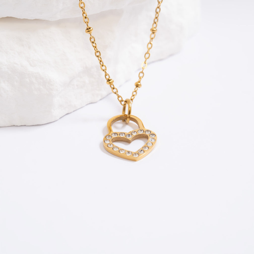 Heart Padlock Charm – 18K Gold Stainless Steel Stone Pendant for Everyday Wear