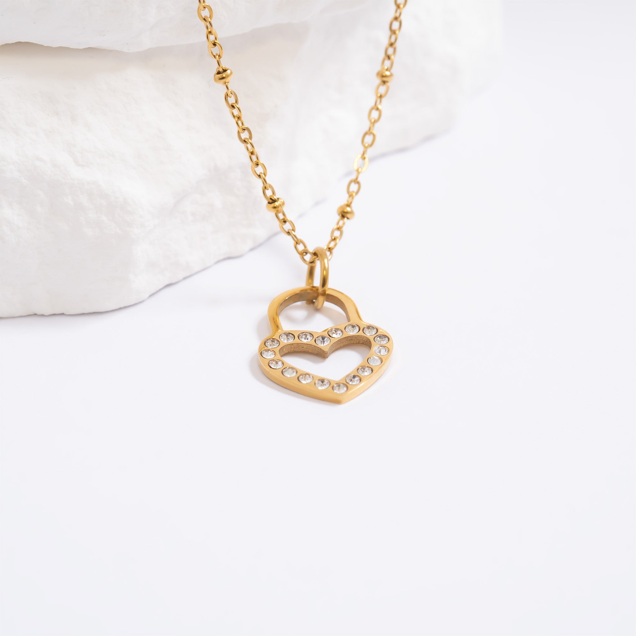 Heart Padlock Charm – 18K Gold Stainless Steel Stone Pendant for Everyday Wear
