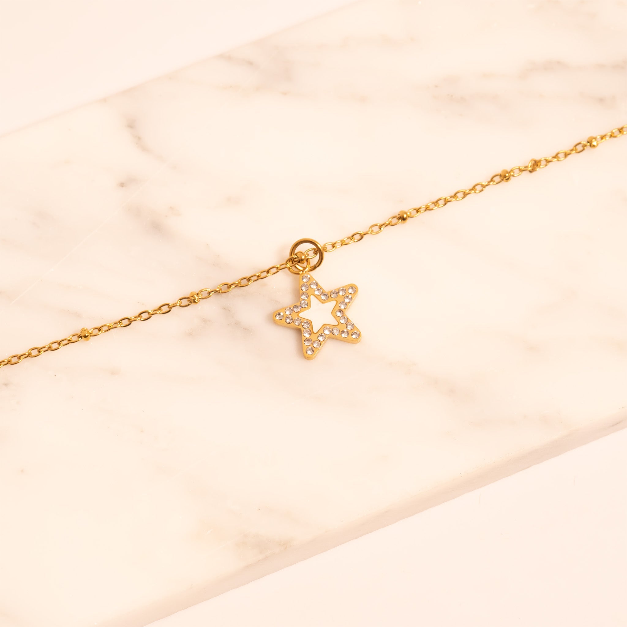 18K Gold Pearl Charm – Stainless Steel Star Pendant with Sparkling Stone Border