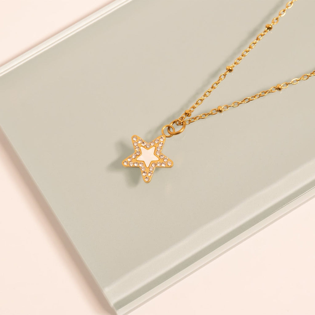 18K Gold Pearl Charm – Stainless Steel Star Pendant with Sparkling Stone Border