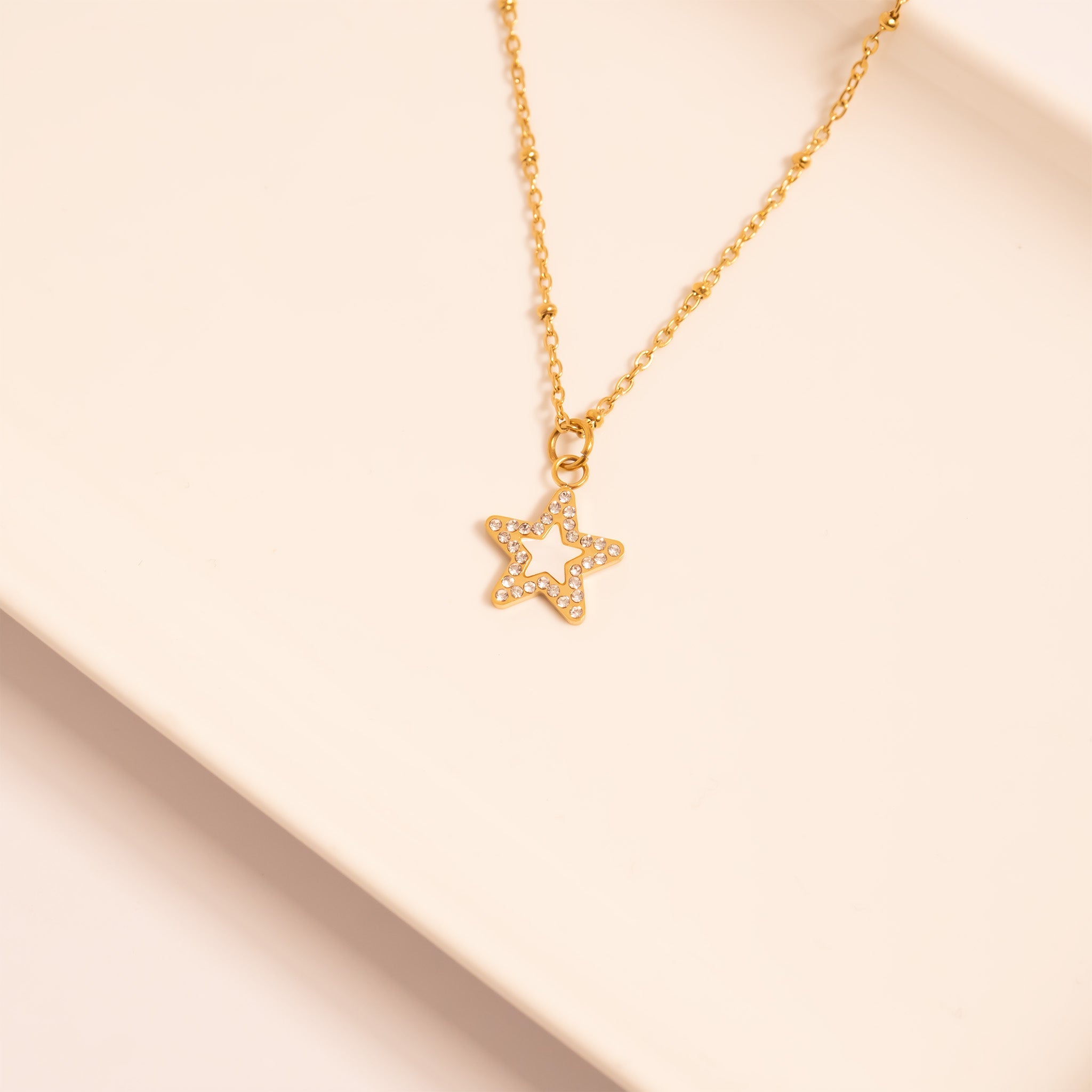 18K Gold Pearl Charm – Stainless Steel Star Pendant with Sparkling Stone Border