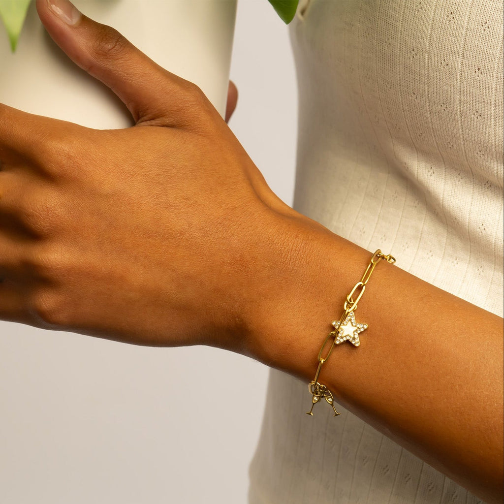 18K Gold Pearl Charm – Stainless Steel Star Pendant with Sparkling Stone Border