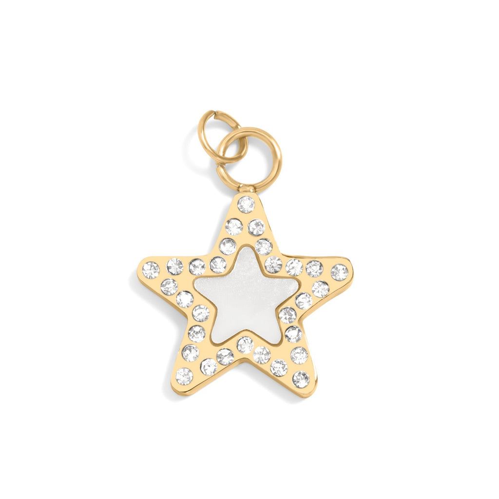 18K Gold Pearl Charm – Stainless Steel Star Pendant with Sparkling Stone Border