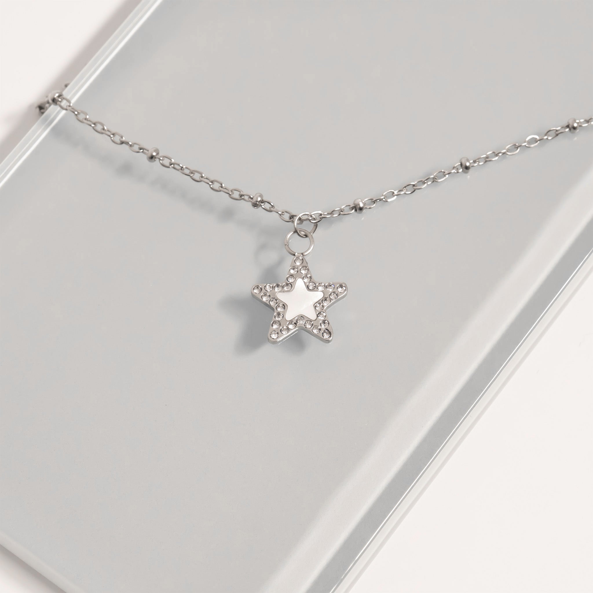 18K Gold Pearl Charm – Stainless Steel Star Pendant with Sparkling Stone Border