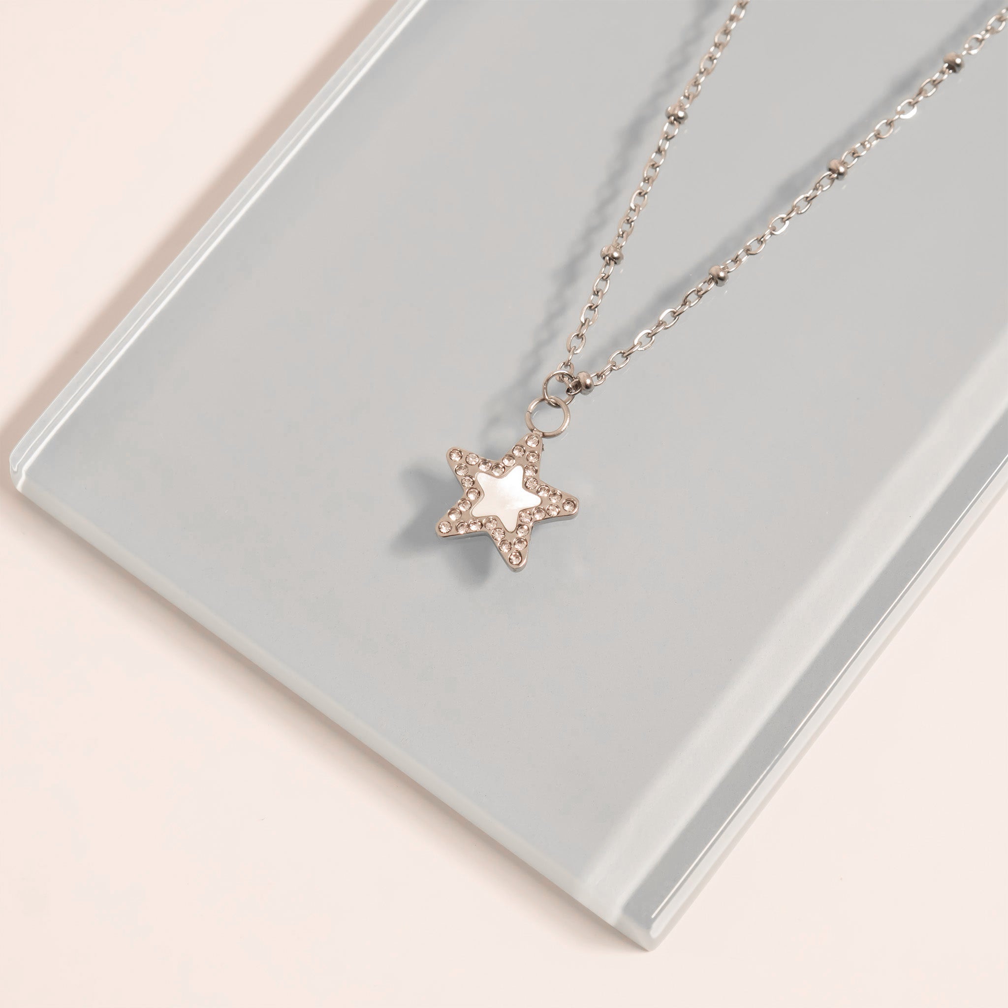 18K Gold Pearl Charm – Stainless Steel Star Pendant with Sparkling Stone Border