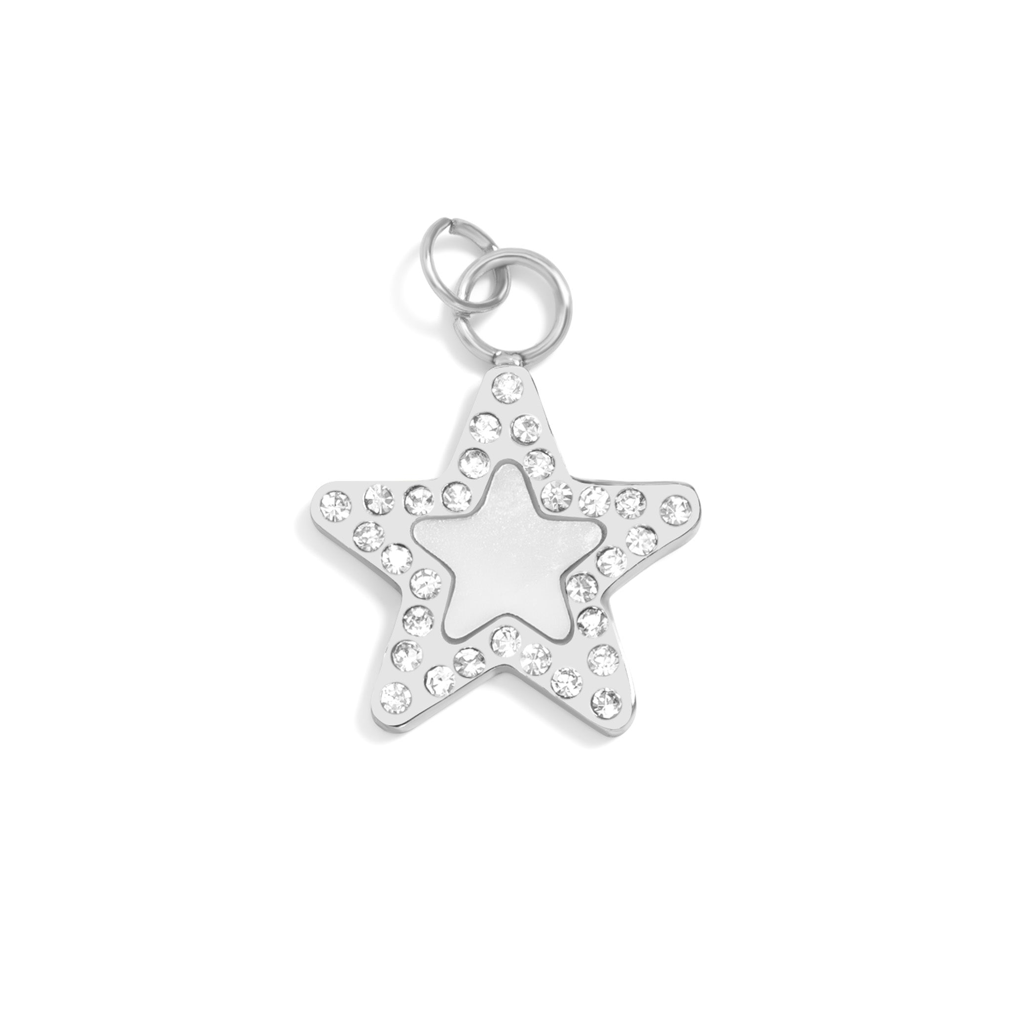 18K Gold Pearl Charm – Stainless Steel Star Pendant with Sparkling Stone Border