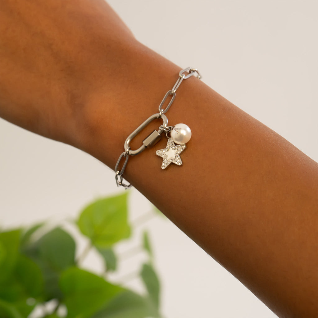 18K Gold Pearl Charm – Stainless Steel Star Pendant with Sparkling Stone Border