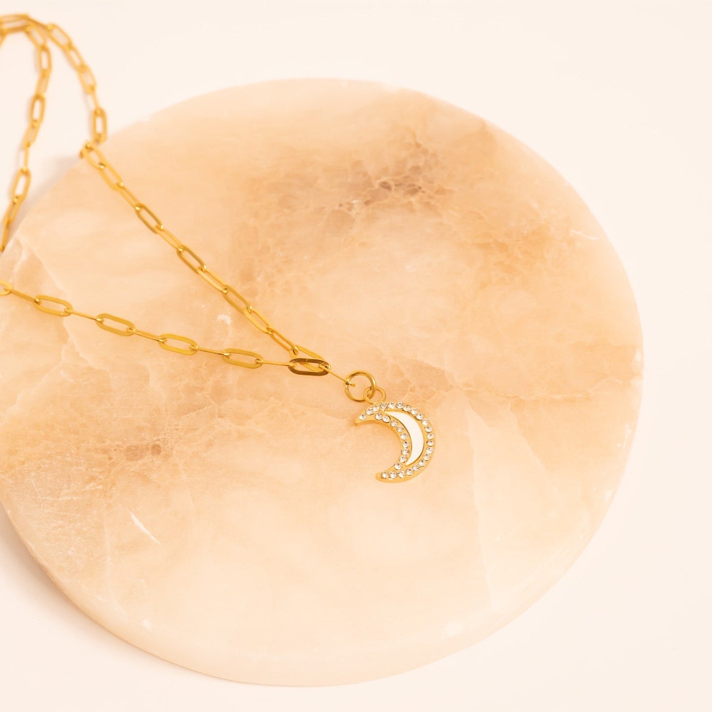 Gold Moon Charm – 18K Gold PVD Stainless Steel Crescent Pendant with Pearl Inlay