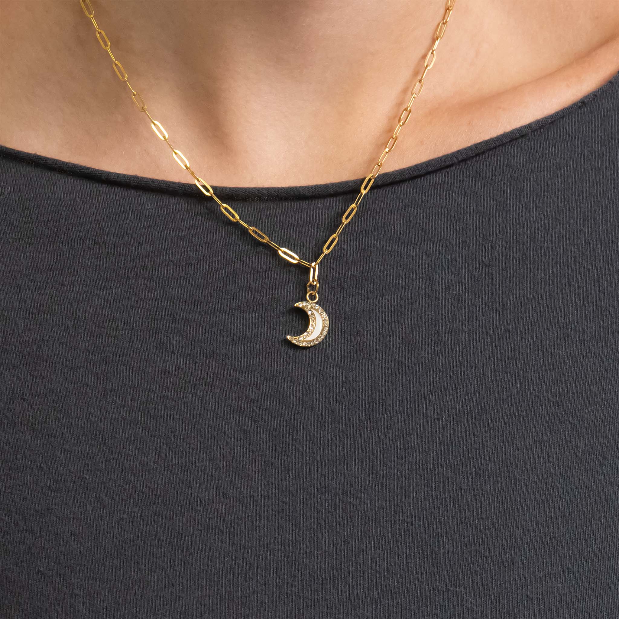 Gold Moon Charm – 18K Gold PVD Stainless Steel Crescent Pendant with Pearl Inlay