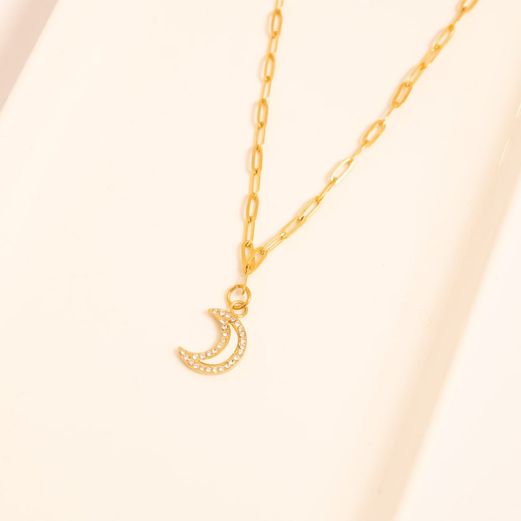 Gold Moon Charm – 18K Gold PVD Stainless Steel Crescent Pendant with Pearl Inlay