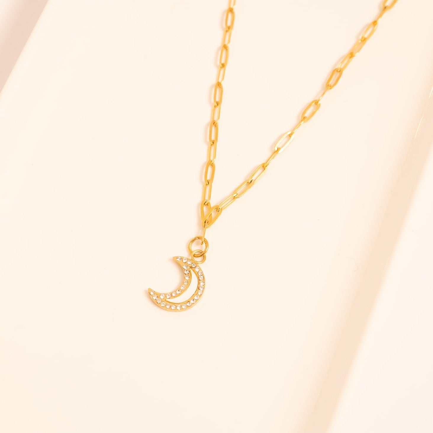 Gold Moon Charm – 18K Gold PVD Stainless Steel Crescent Pendant with Pearl Inlay