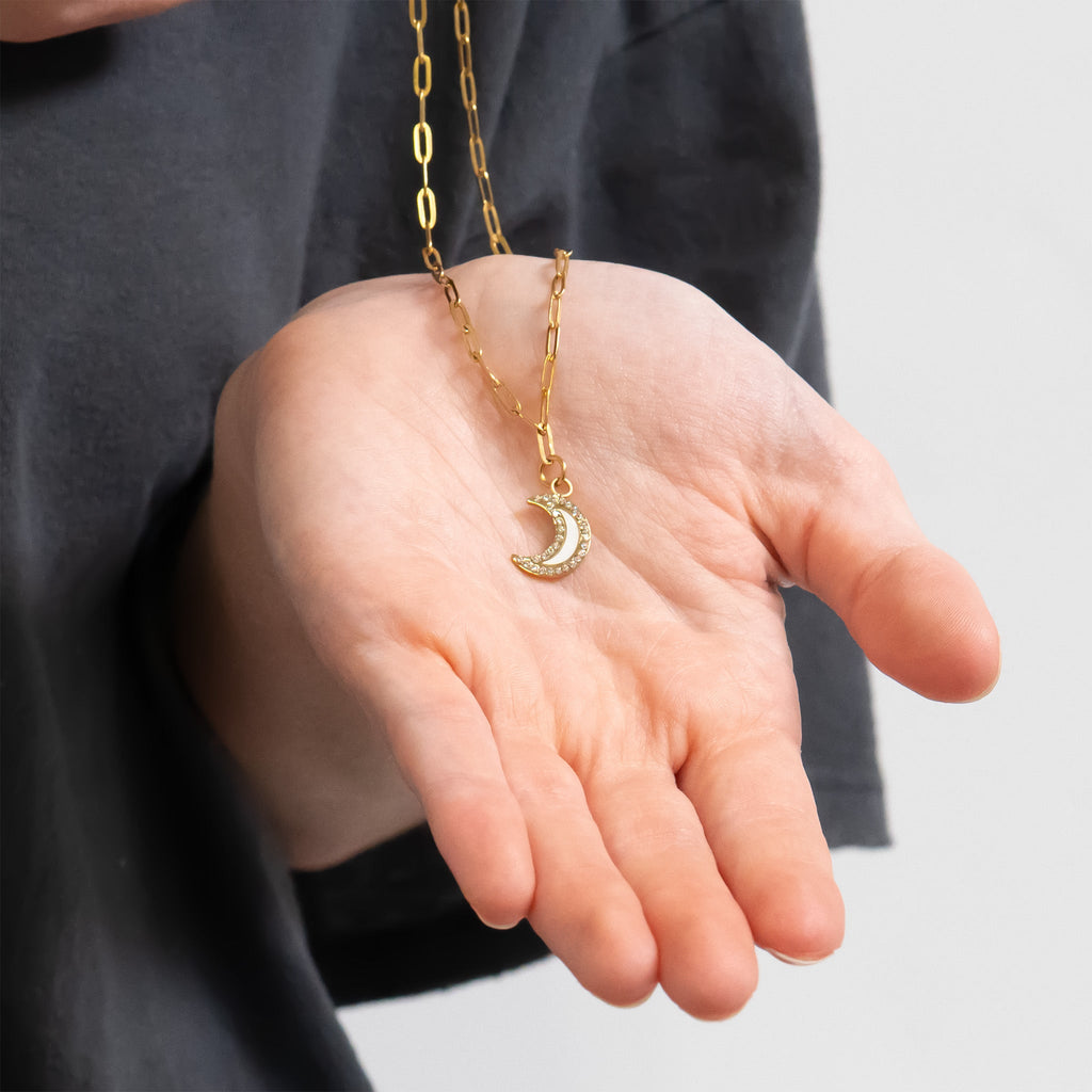 Gold Moon Charm – 18K Gold PVD Stainless Steel Crescent Pendant with Pearl Inlay