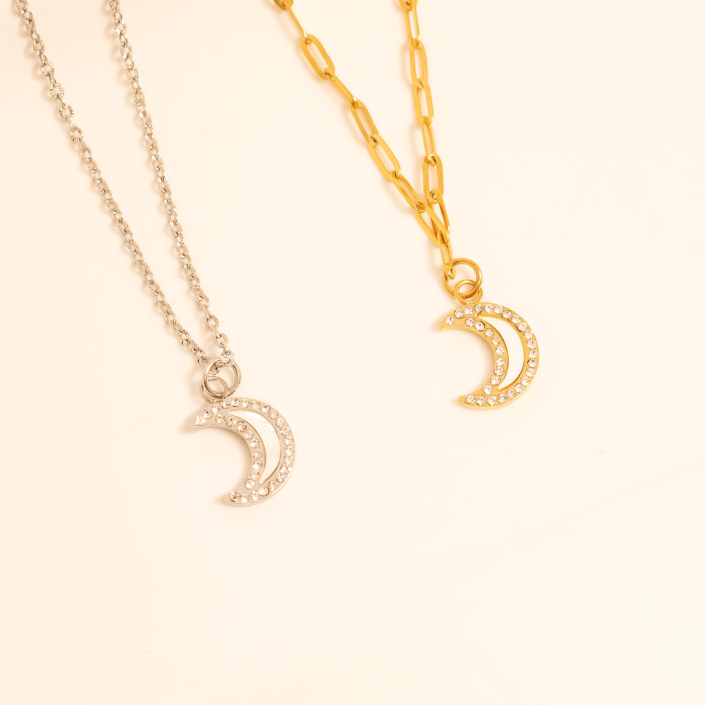 Gold Moon Charm – 18K Gold PVD Stainless Steel Crescent Pendant with Pearl Inlay
