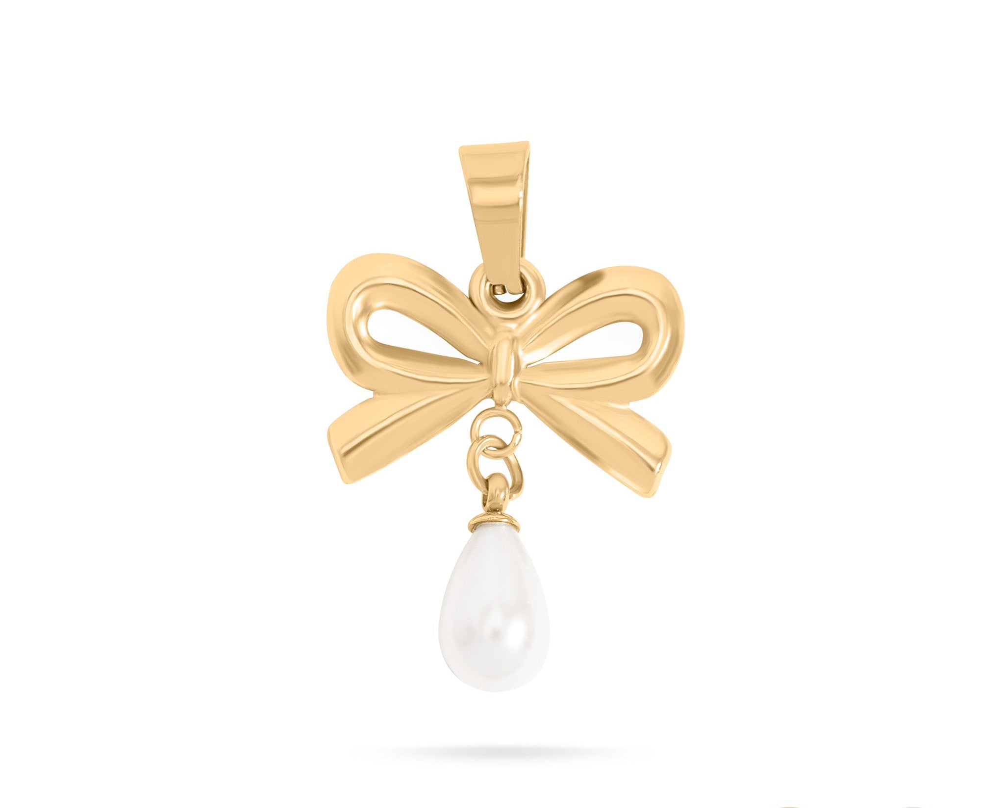 Gold Pearl Bow Charm – 18K Gold Pendant | Stainless Steel Freshwater Jewelry