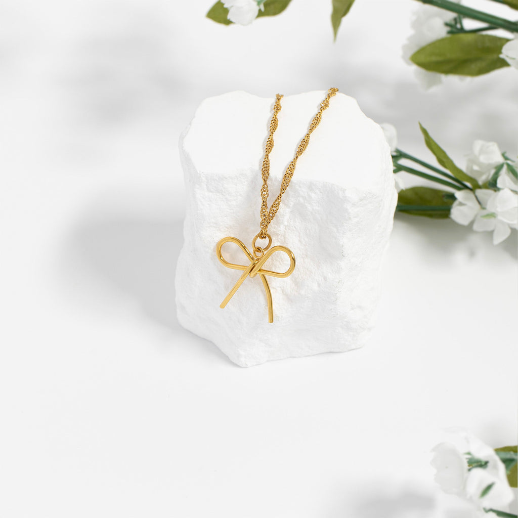 18K Gold Bow Charm – Hypoallergenic Stainless Steel Thin Bow Pendant Jewelry
