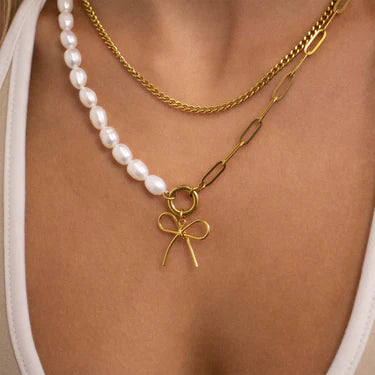 Stainless Steel Freshwater Pearl Paperclip Split Charm Holder Necklace