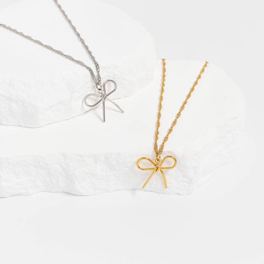 18K Gold Bow Charm – Hypoallergenic Stainless Steel Thin Bow Pendant Jewelry