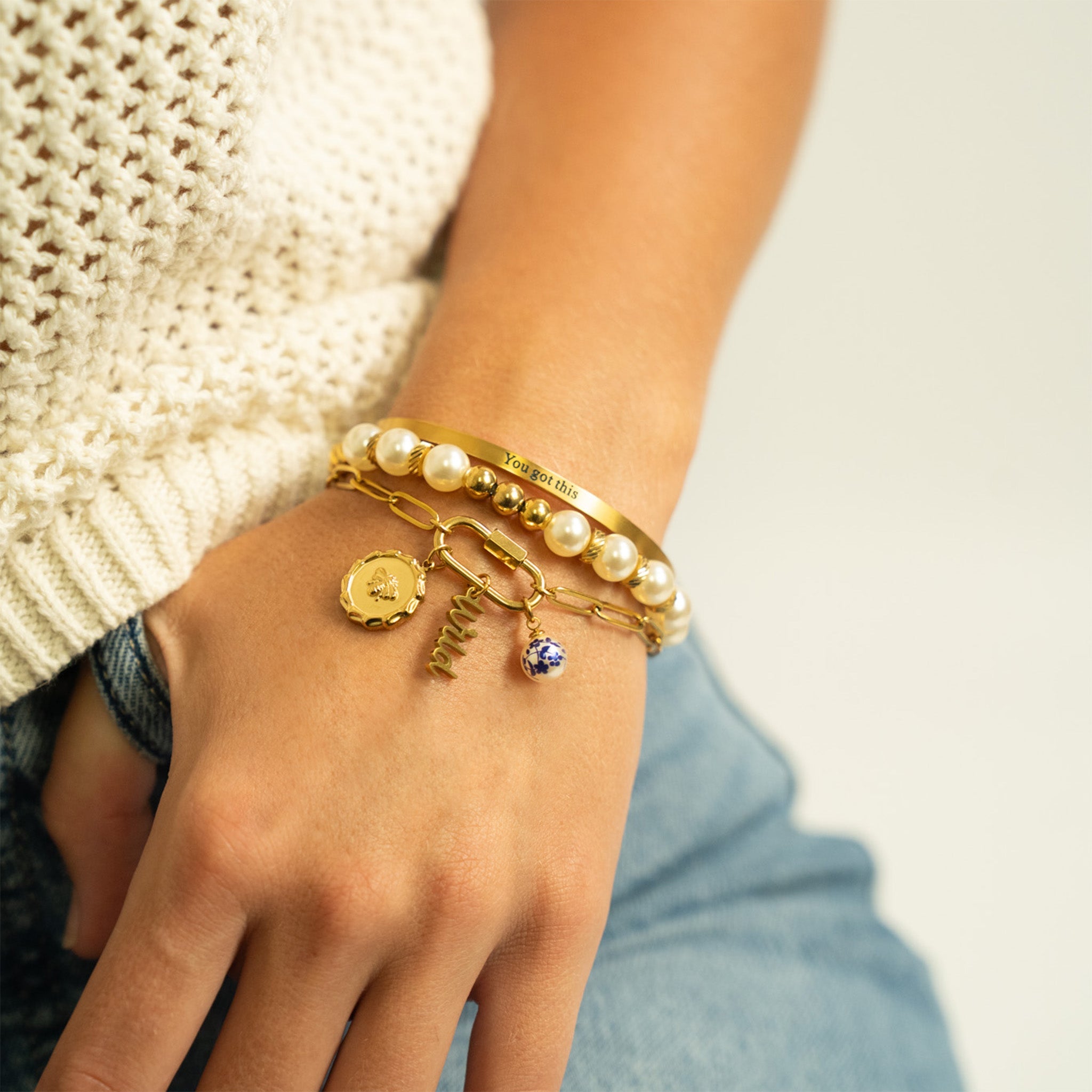 18K Gold Pearl Charm – Floral Printed Pearl Stainless Steel PVD Coated Jewelry