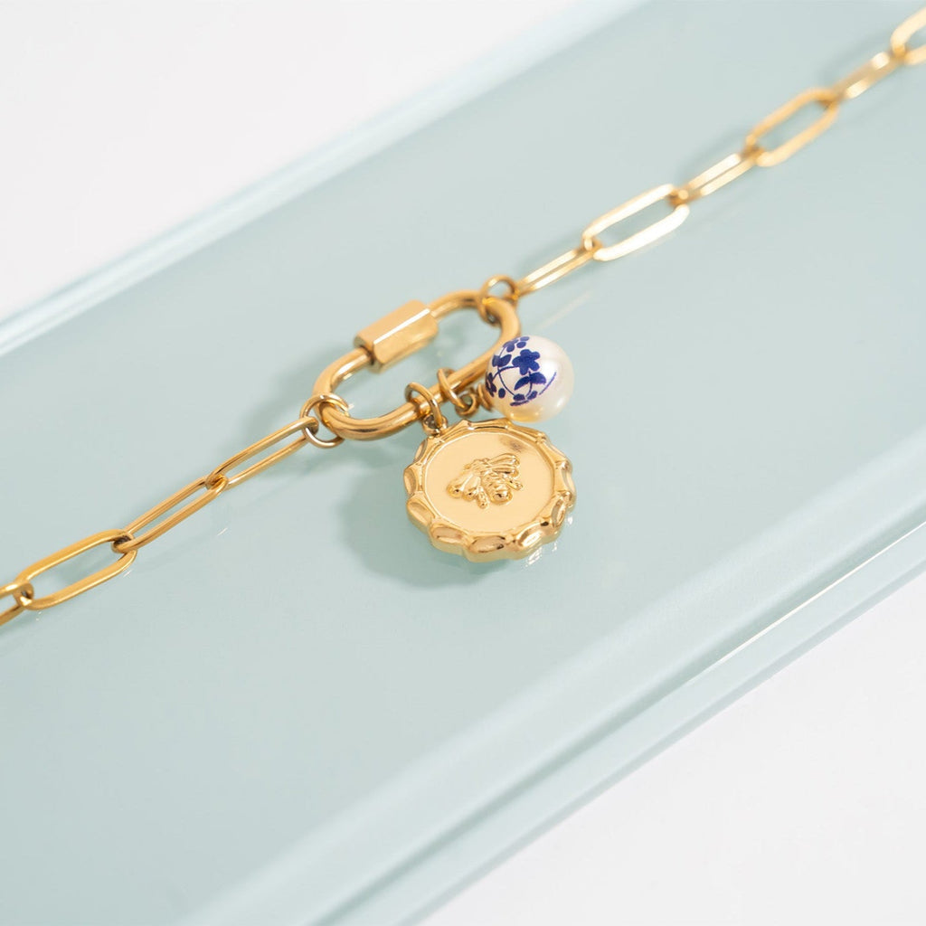 18K Gold Pearl Charm – Floral Printed Pearl Stainless Steel PVD Coated Jewelry