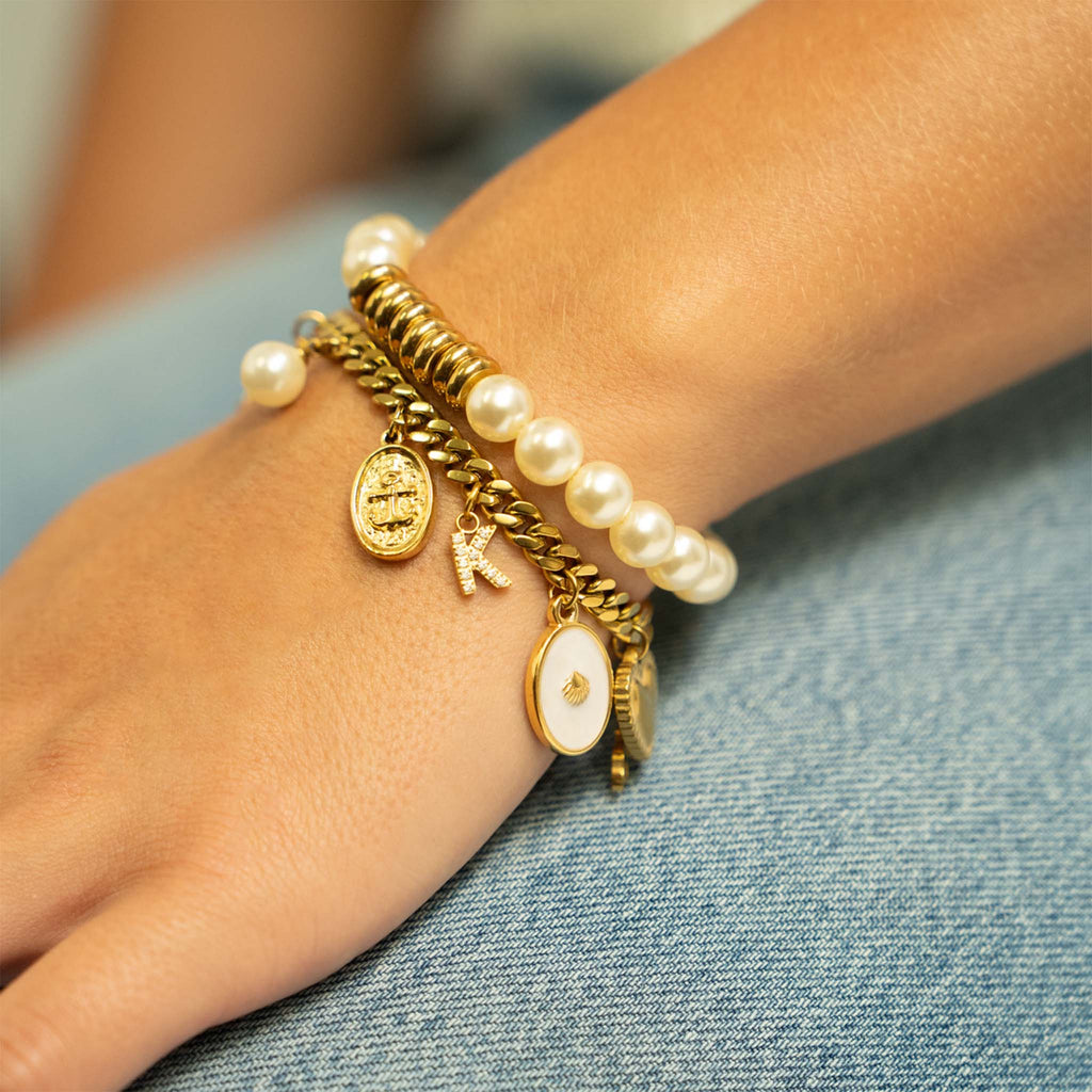 8mm Kiska Glass Pearl Stretch Bracelet with charms on curb chain bracelet