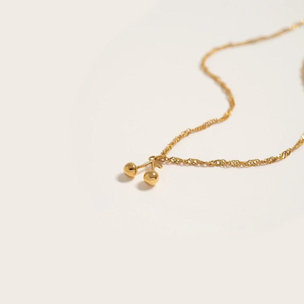 18K Gold Cherry Charm – Stainless Steel, Red Enamel, Hypoallergenic Jewelry Design