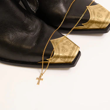 18K Gold PVD Stainless Steel Stone Cross Charm