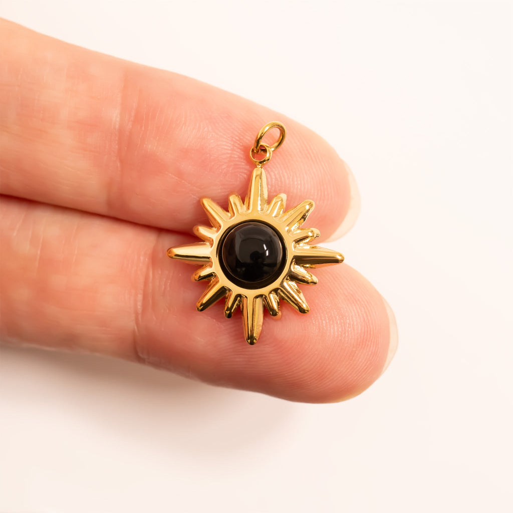 Gold Stainless Steel Pendant – Black Stone Charm | 18K Gold PVD Coating Hypoallergenic Jewelry