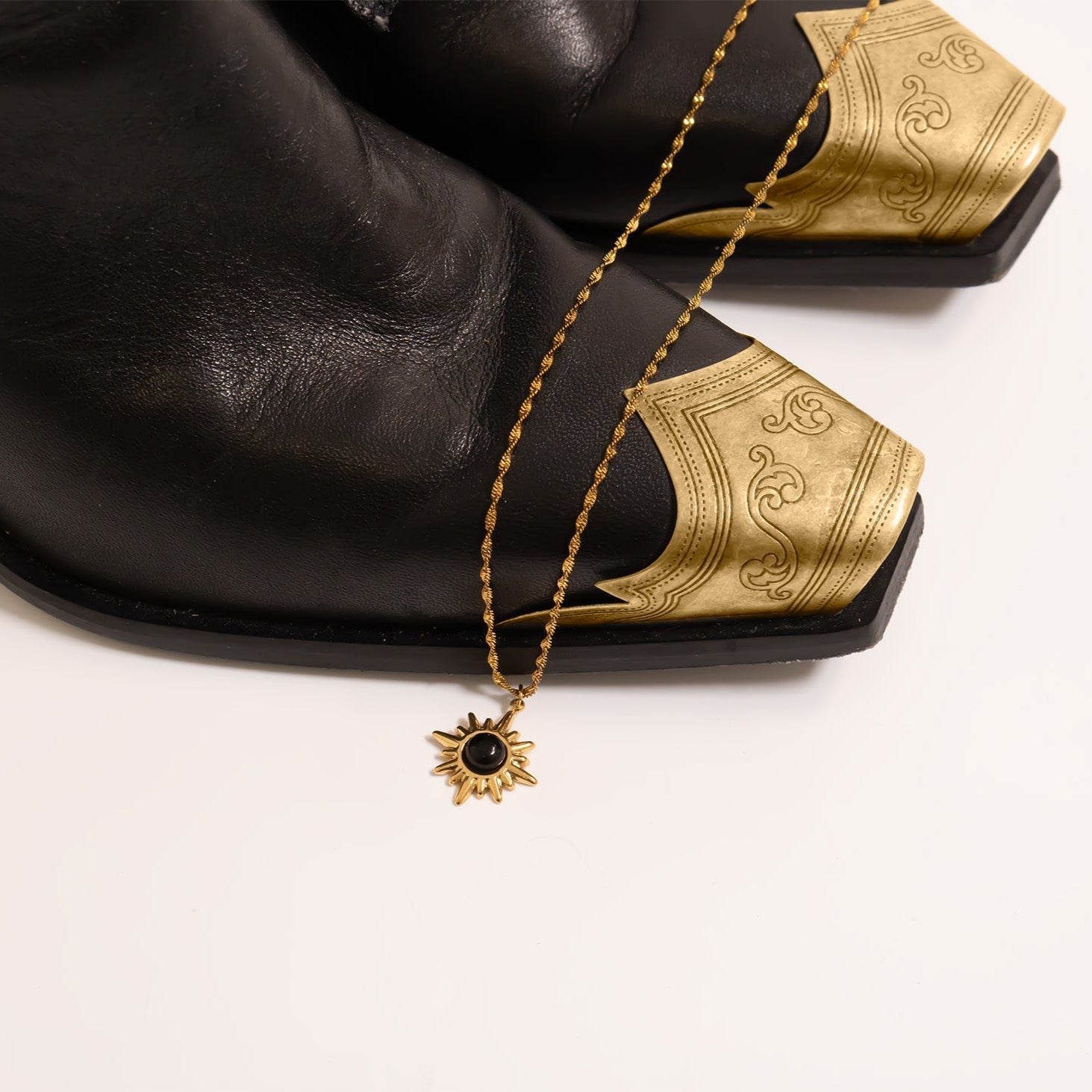 Gold Stainless Steel Pendant – Black Stone Charm | 18K Gold PVD Coating Hypoallergenic Jewelry