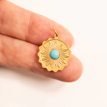 18K Gold PVD Stainless Steel Flower Turquoise Center Pendant