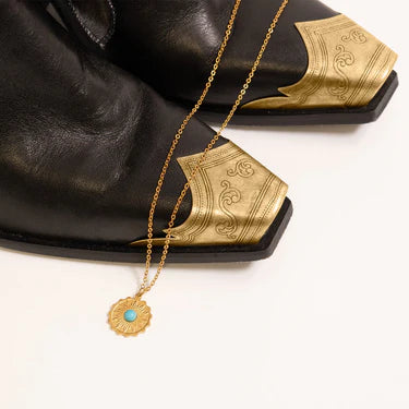 18K Gold PVD Stainless Steel Flower Turquoise Center Pendant