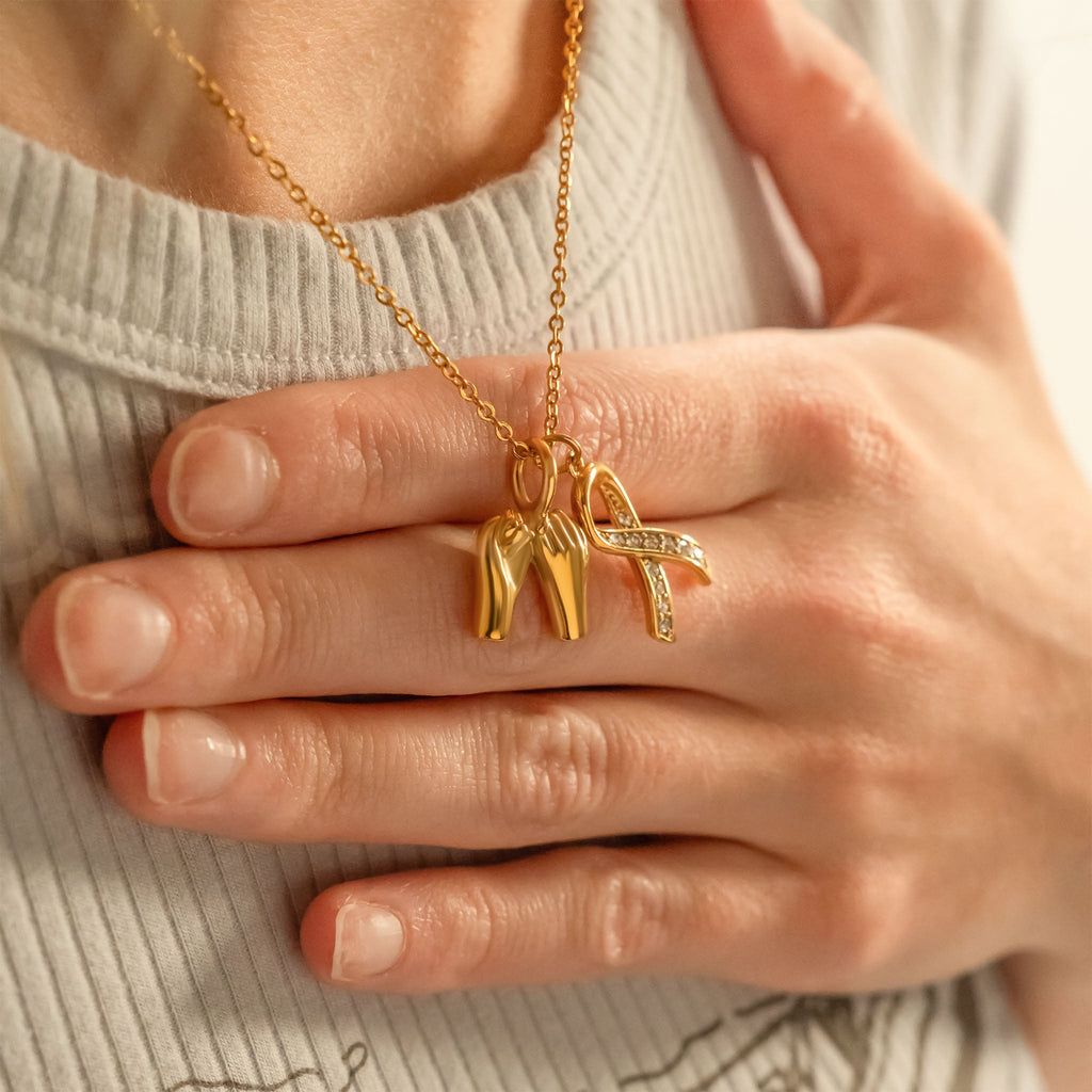 Cancer Ribbon Charm – 18K Gold Pendant with Sparkling Stones | Hypoallergenic Jewelry Gift