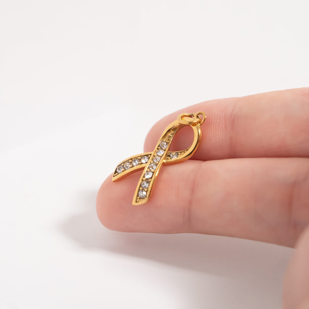 Cancer Ribbon Charm – 18K Gold Pendant with Sparkling Stones | Hypoallergenic Jewelry Gift