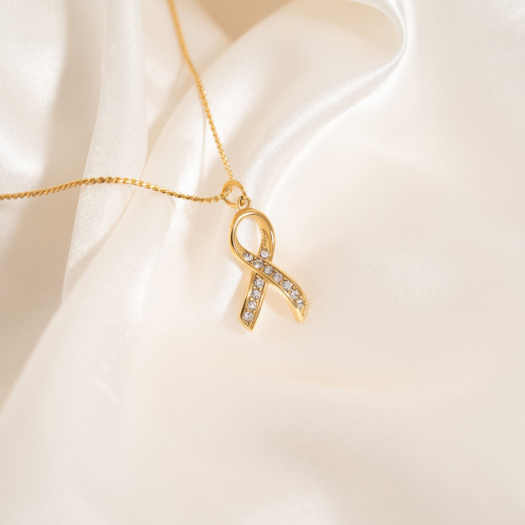 Cancer Ribbon Charm – 18K Gold Pendant with Sparkling Stones | Hypoallergenic Jewelry Gift